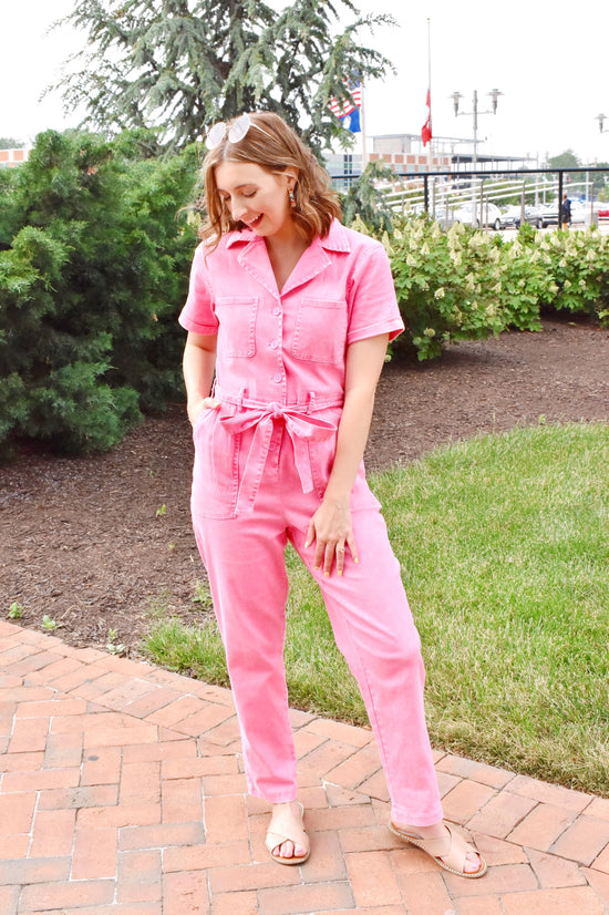 Load image into Gallery viewer, Barbie Pink Mineral Washed Utility Jumpsuit
