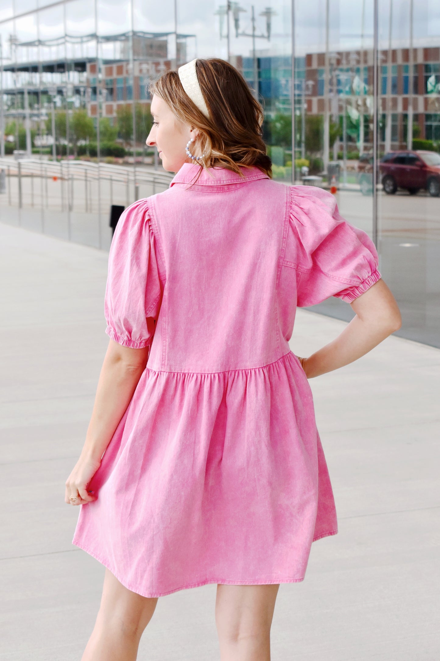 pink denim dress puff sleeve ASOS DESIGN denim button up mini dress with puff sleeves in soft pink