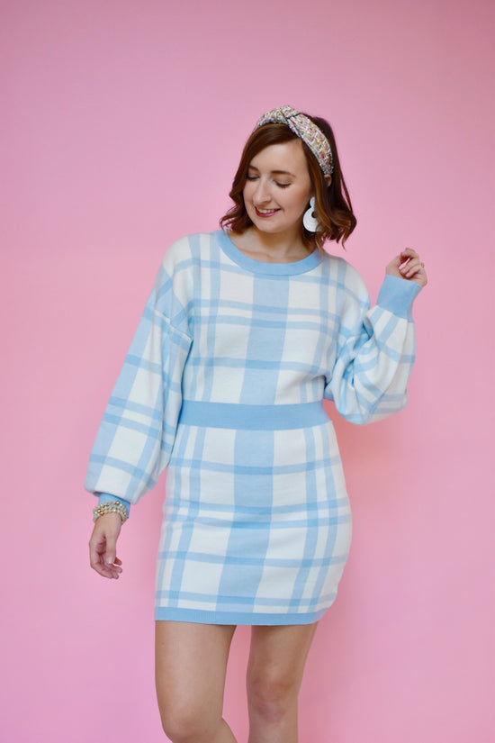 Load image into Gallery viewer, Blue Plaid Sweater Dress
