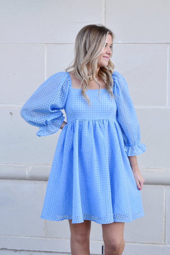 Brooke Blue Grid Print Babydoll Dress
