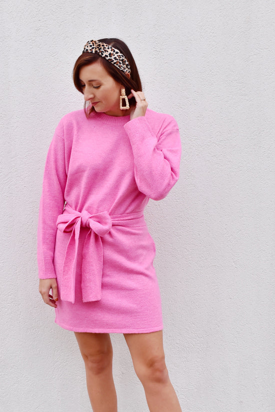Load image into Gallery viewer, Pink Bow Front Sweater Dress
