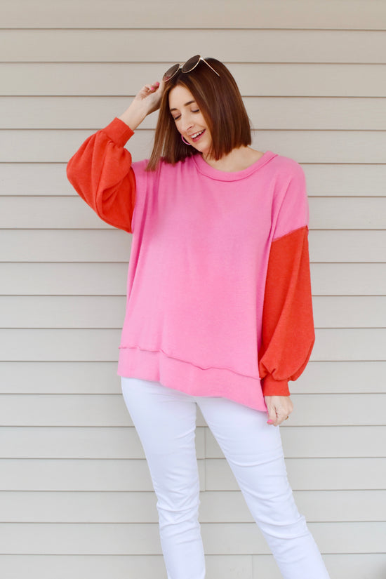 Load image into Gallery viewer, Colorblock Pink &amp;amp; Red Brushed Knit Top
