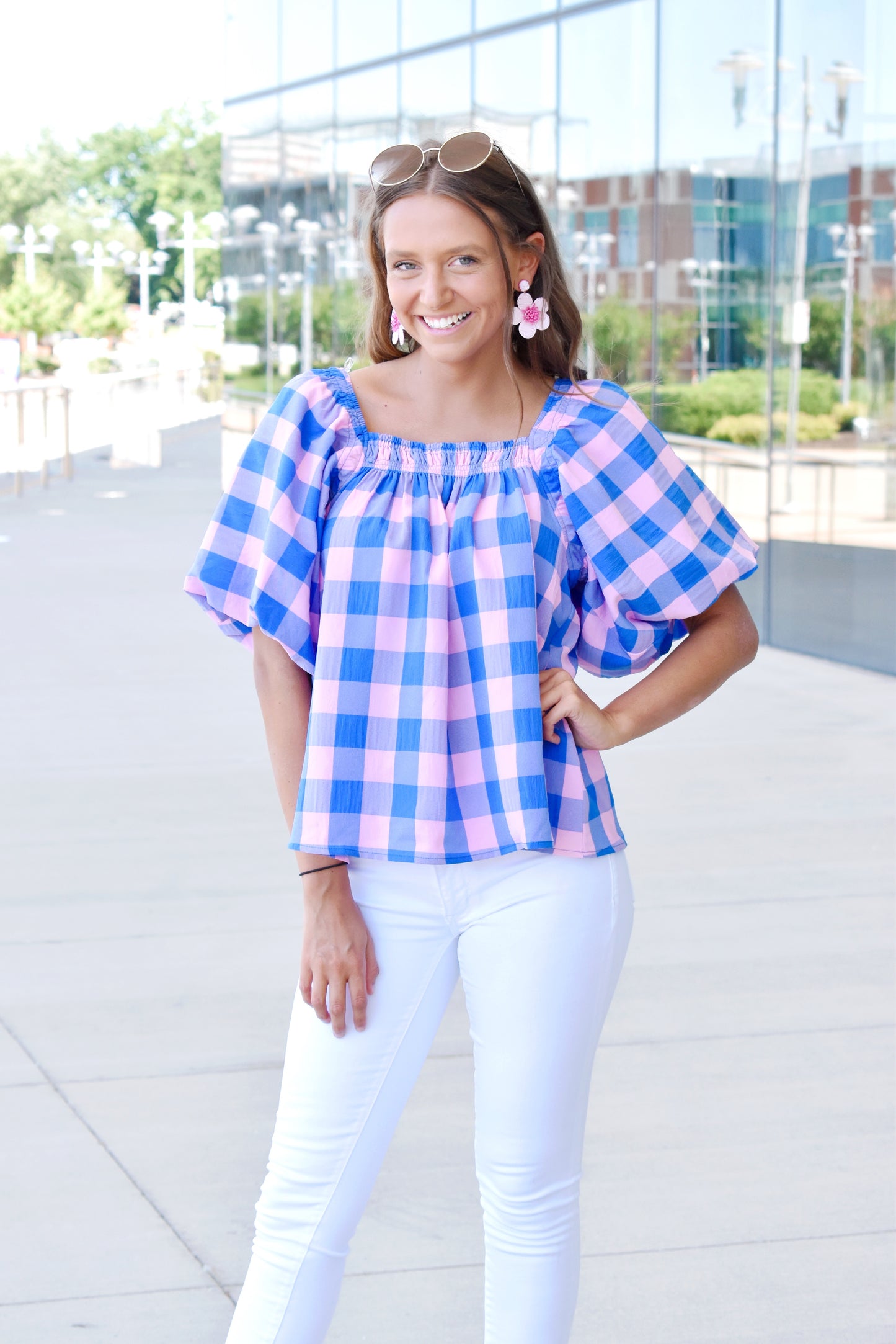 Cotton Candy Gingham Bubble Sleeve Top