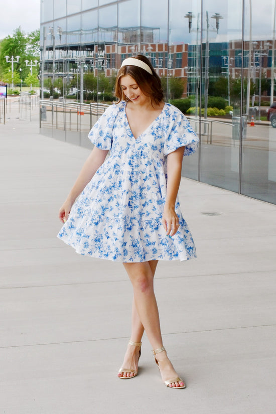 Julia Blue Floral Bubble Sleeve Dress