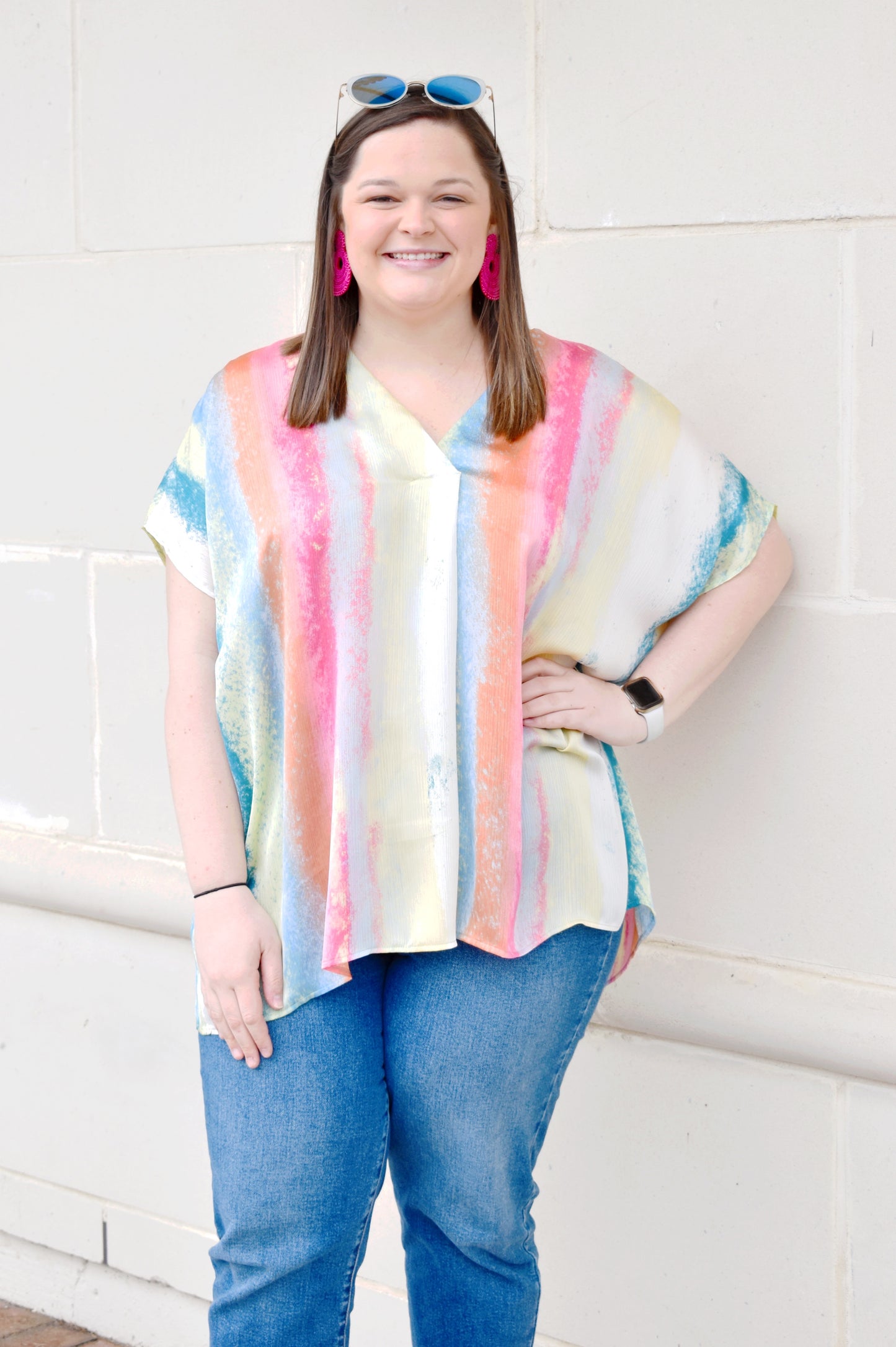 Load image into Gallery viewer, Plus Watercolor Rainbow Stripe V-Neck Top
