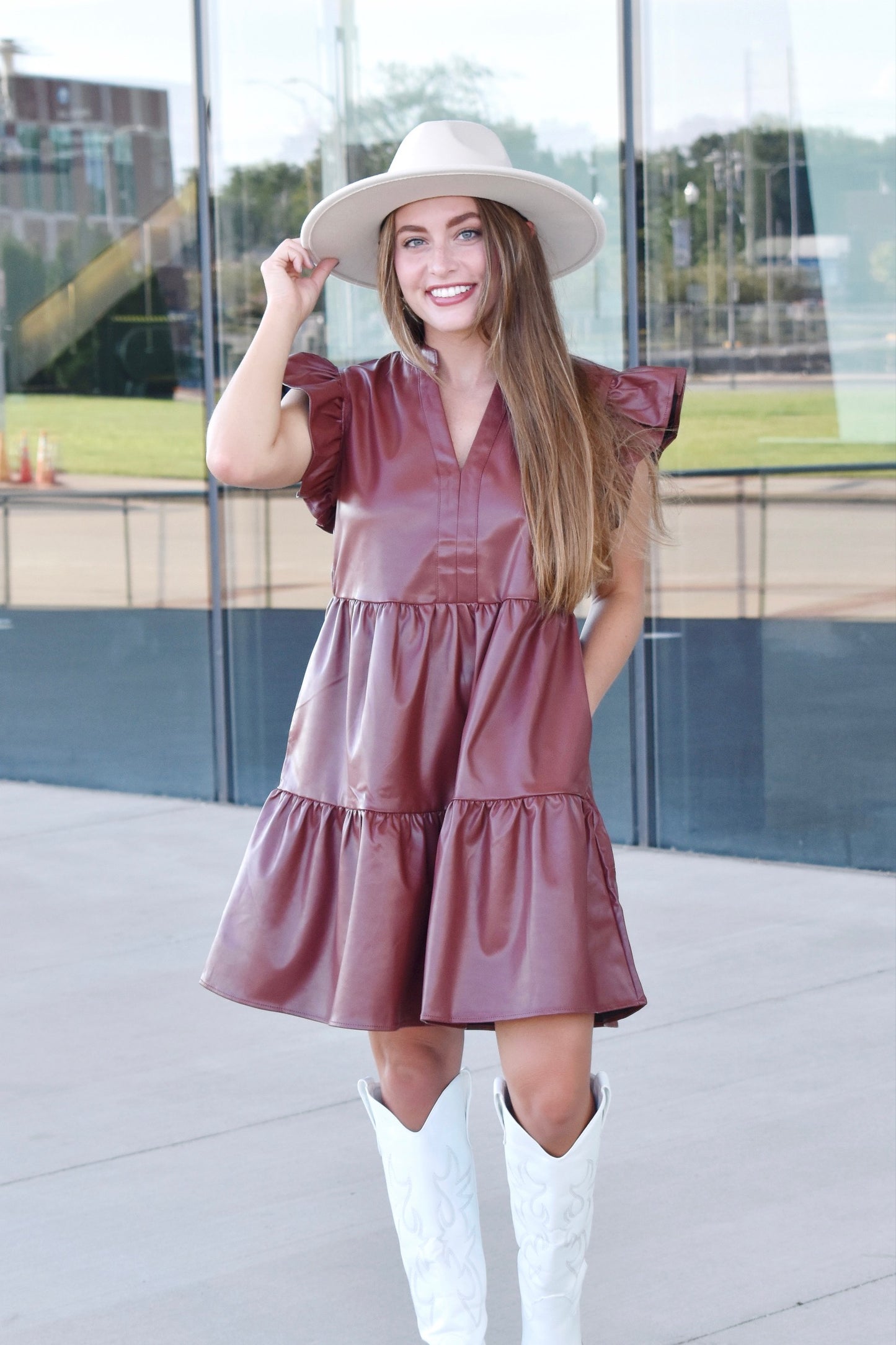 She's So Trendy Chocolate Leather Frill Dress