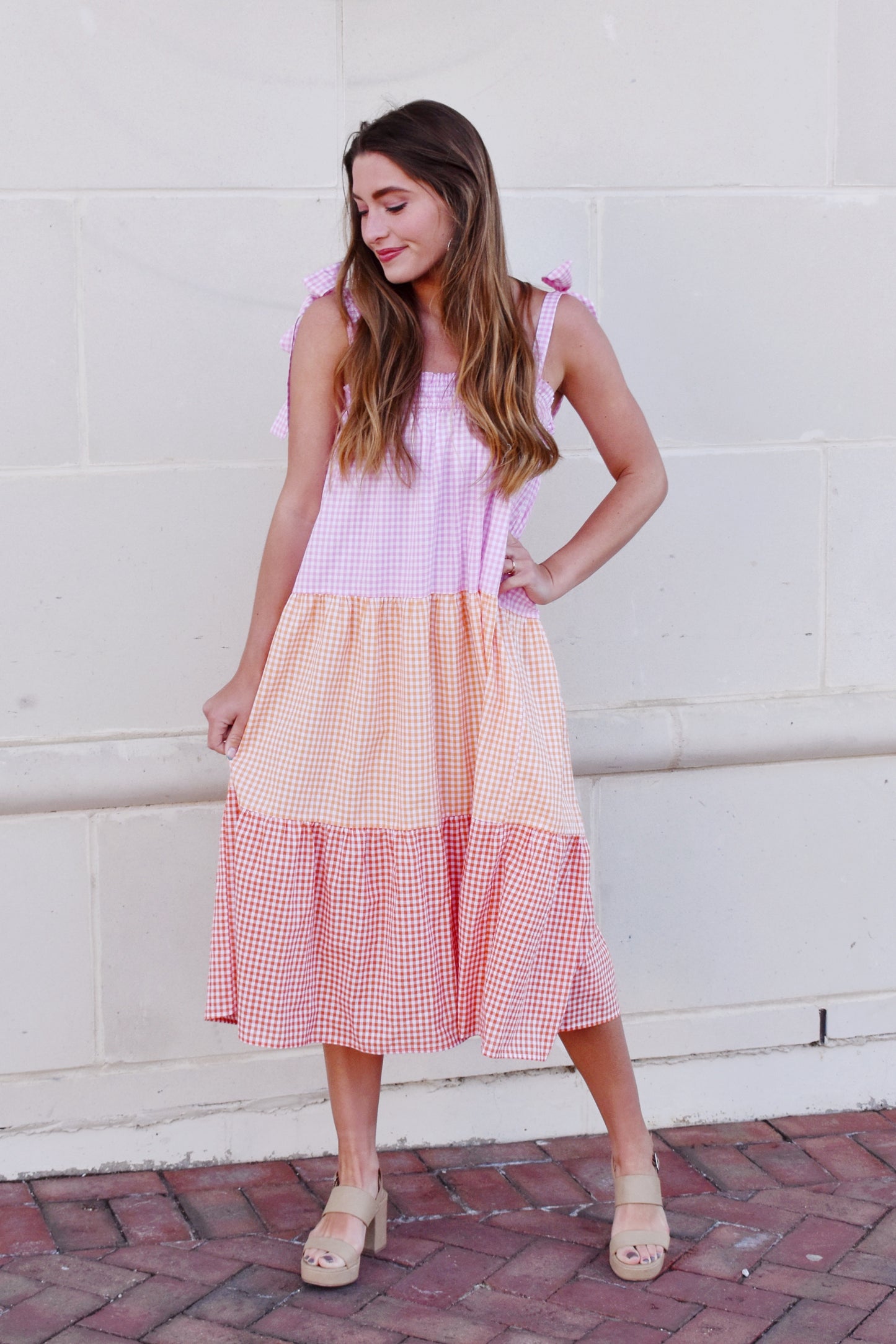 Load image into Gallery viewer, Sherbert Gingham Color Block Midi Dress
