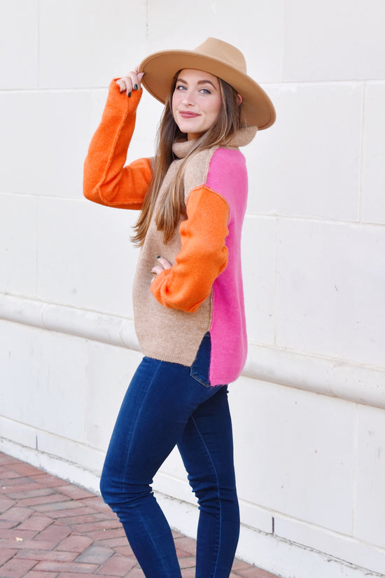 Pink & Orange Colorblock Turtleneck Sweater
