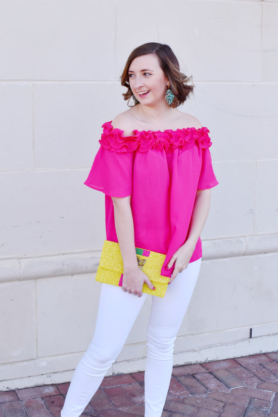 Fuchsia Frill Off The Shoulder Blouse