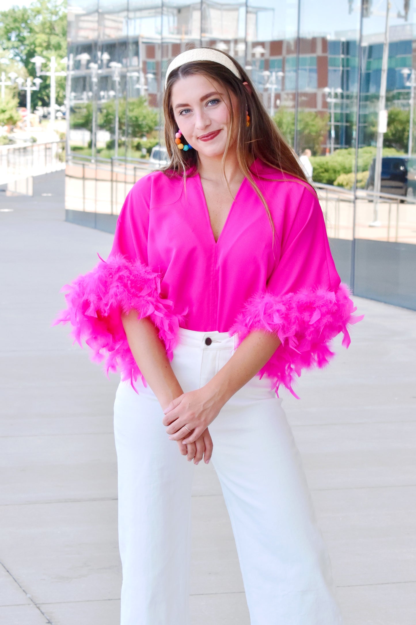 Load image into Gallery viewer, Hot Pink Feather Trim Bodysuit
