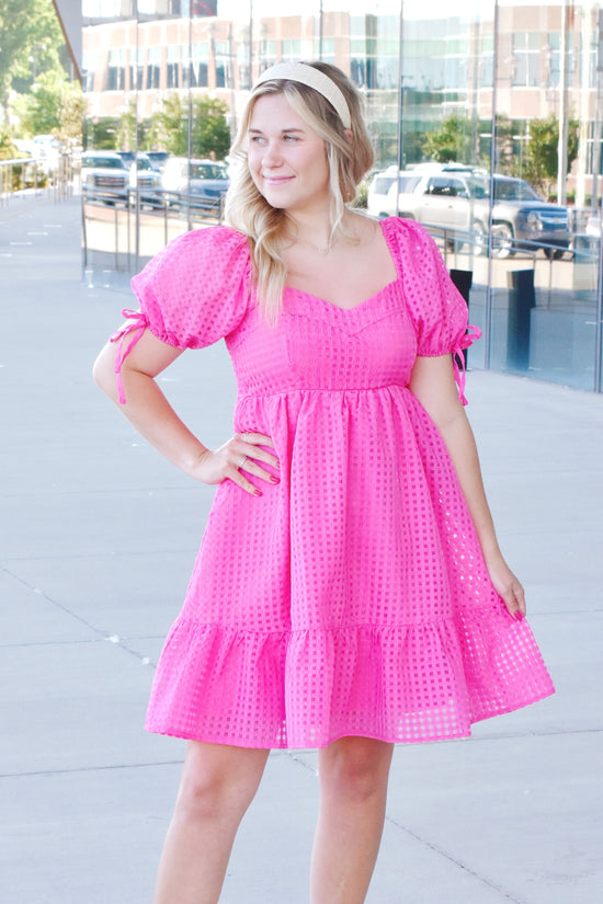 Hot Pink Grid Print Sweetheart Dress