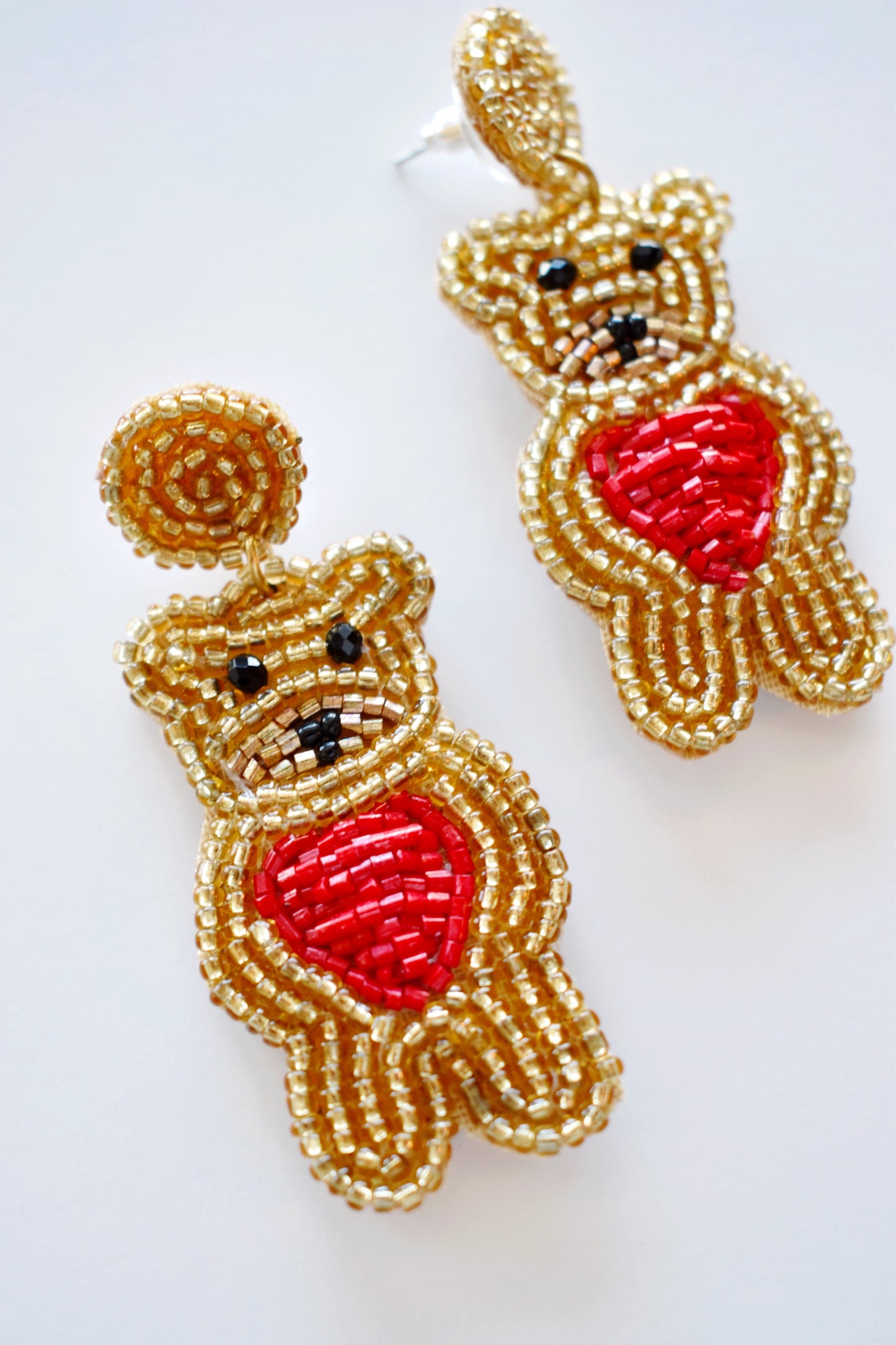 Load image into Gallery viewer, Gold &amp;amp; Red Teddy Bear Heart Earrings
