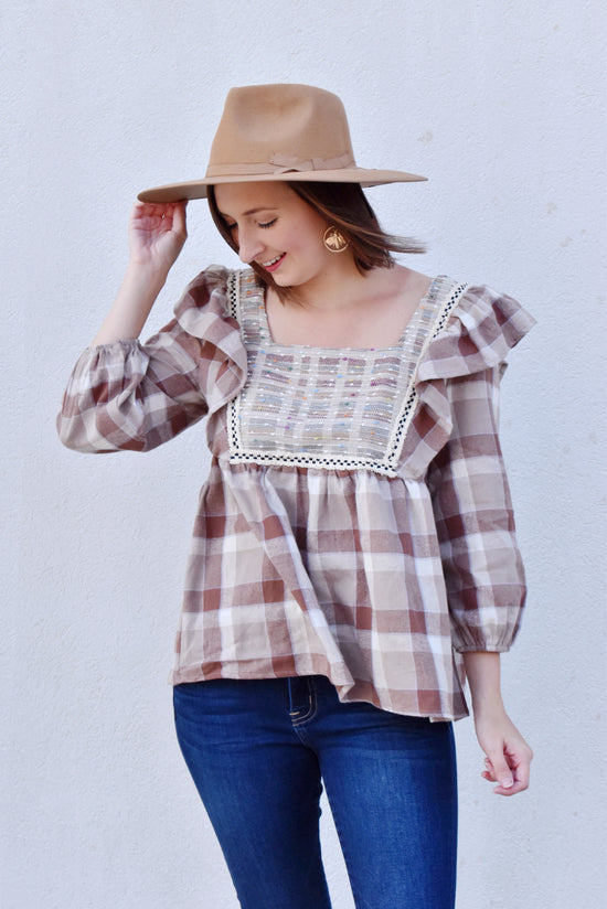 Load image into Gallery viewer, Mocha Plaid Square Neck Blouse
