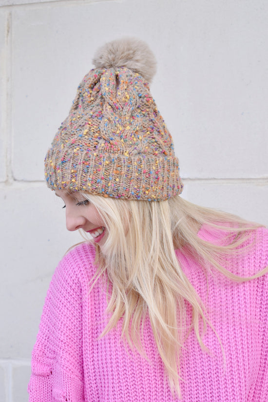 Load image into Gallery viewer, Taupe Confetti Pom Pom Beanie
