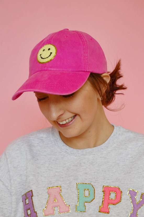 Hot Pink Smiley Patch Hat