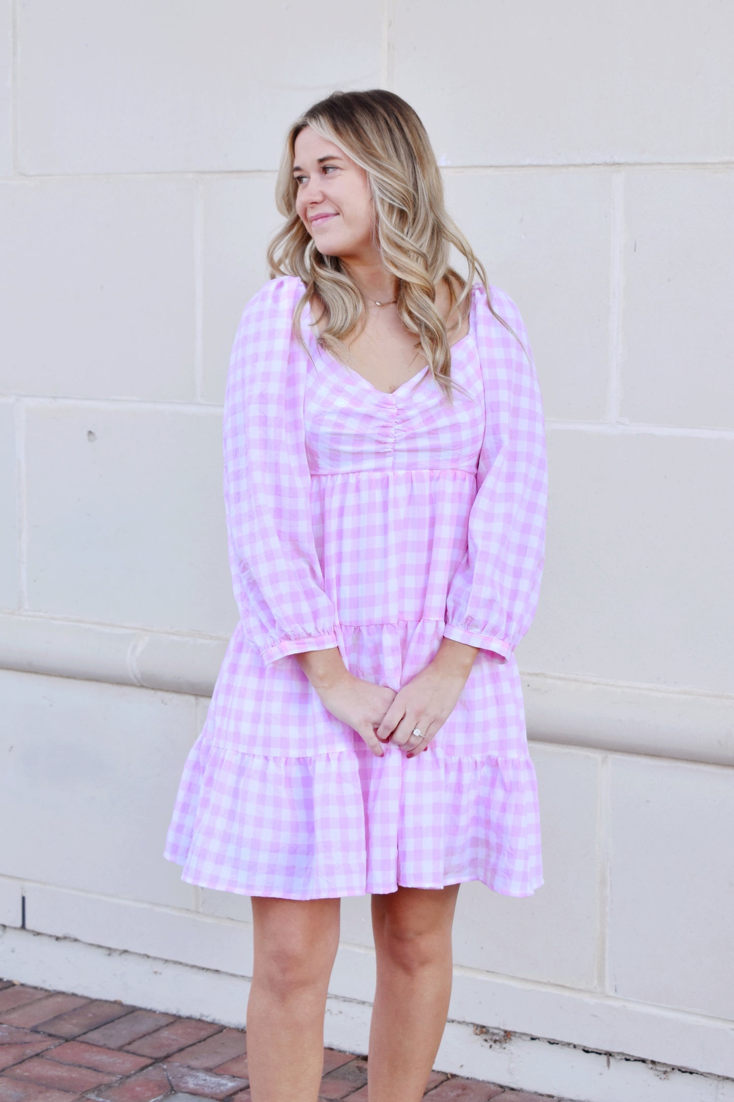 pink gingham dress puff sleeve Pink Gingham Crinkle Texture Collared Puff Sleeve Mini Dress