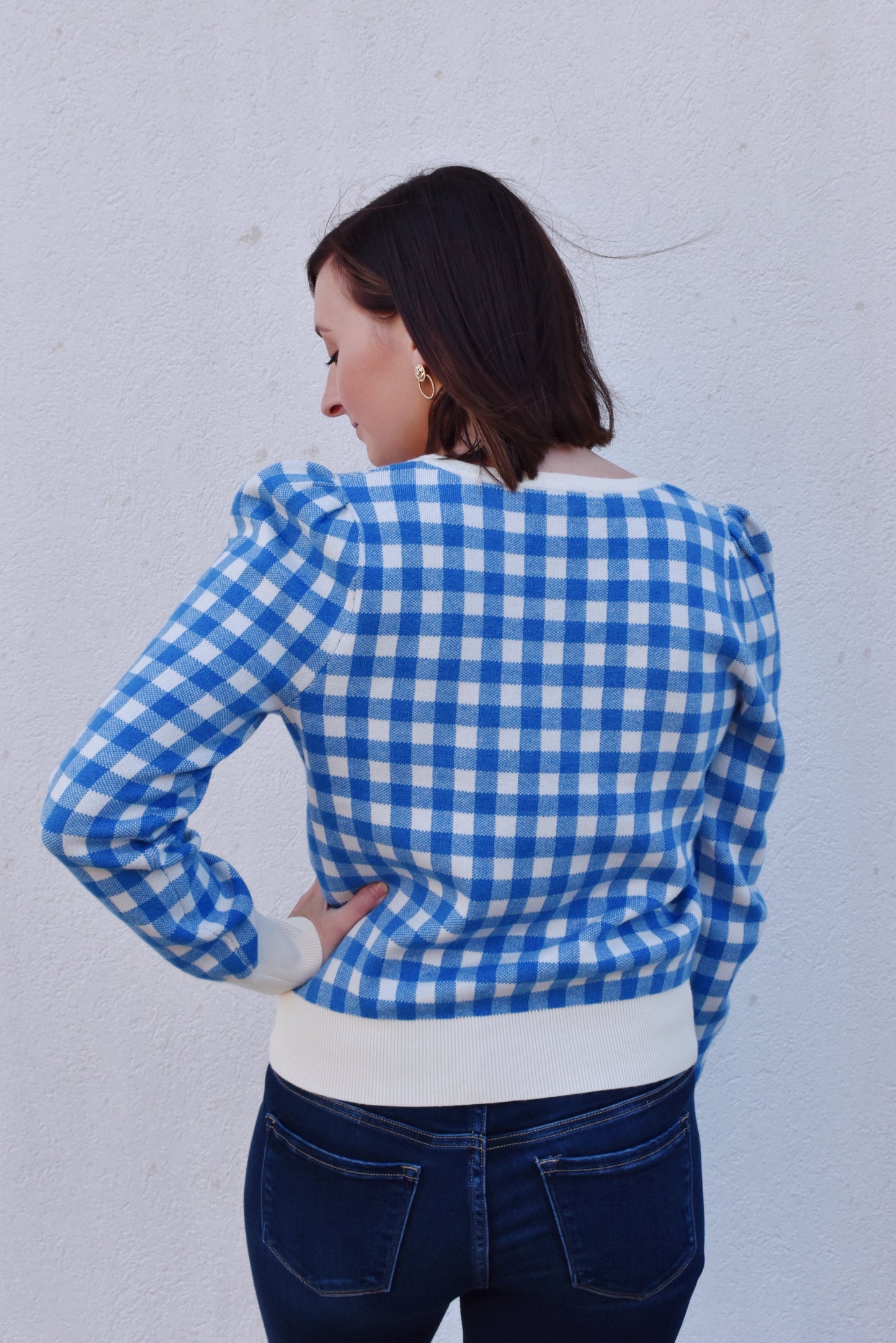 Reese Blue Gingham Square Neck Sweater