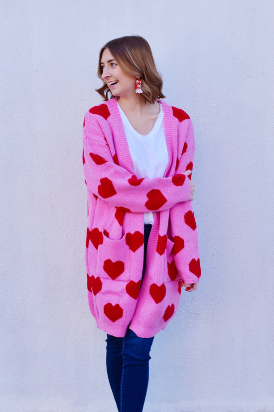 Load image into Gallery viewer, Pink &amp;amp; Red Heart Cardigan
