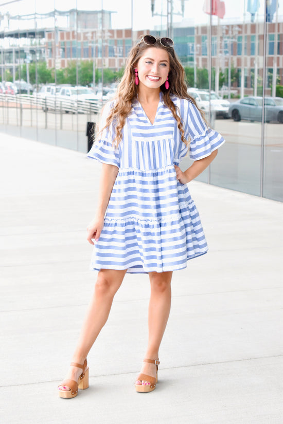 Load image into Gallery viewer, Navy Stripe Bell Sleeve Dress
