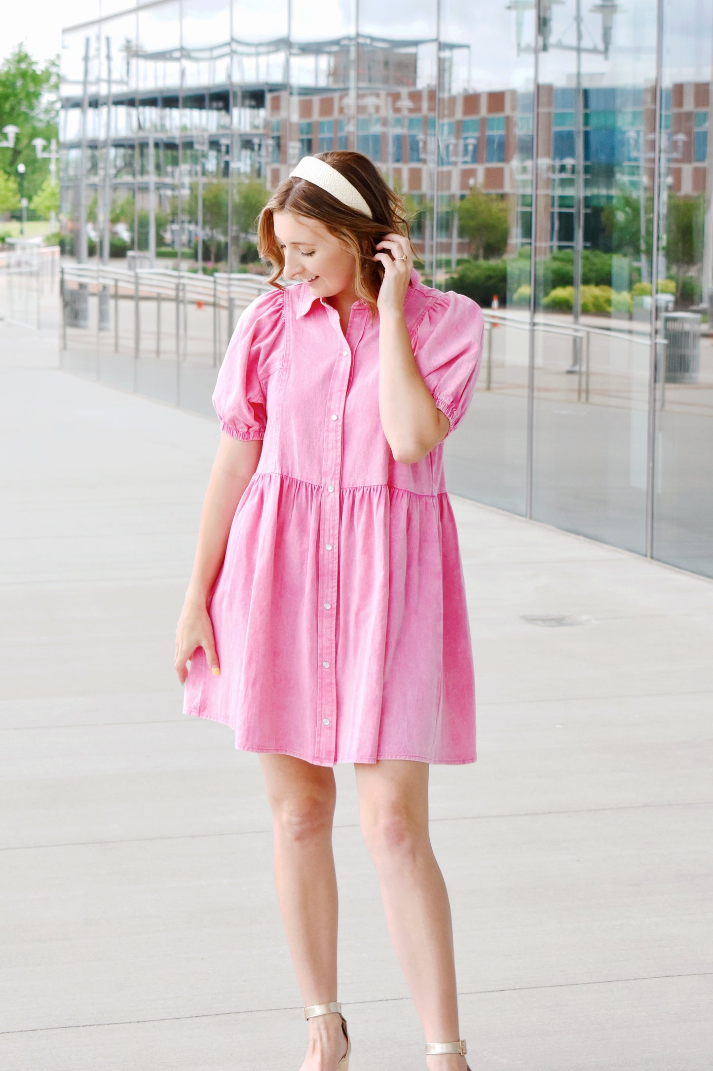 Pink Denim Collared Bubble Sleeve Dress – Confetti Boutique