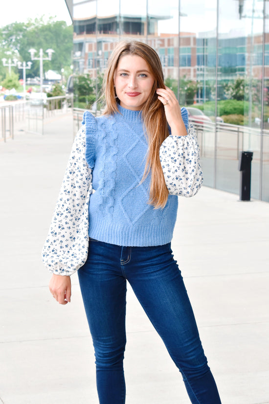 Load image into Gallery viewer, Denim Blue Feminine Sweater With Floral Sleeves
