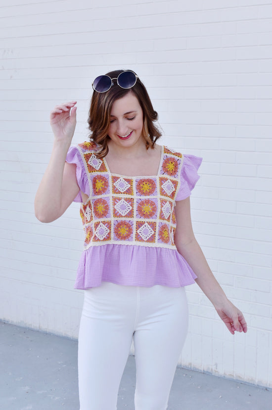 Load image into Gallery viewer, Lilac Crochet Peplum Top
