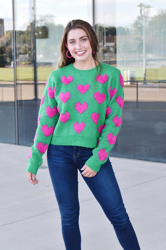 Load image into Gallery viewer, Heart On My Sleeve Kelly Green &amp;amp; Pink Sweater
