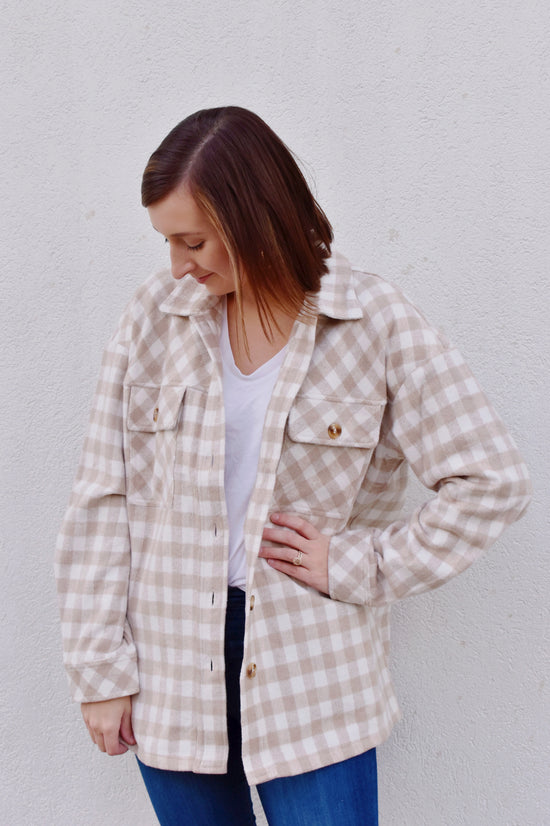 Load image into Gallery viewer, Tan Gingham Shacket
