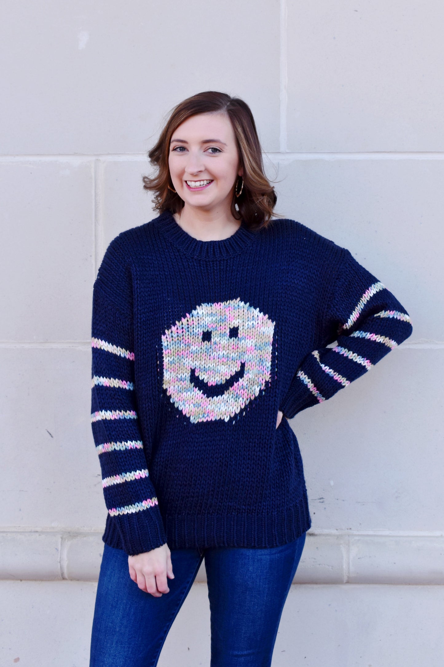Navy Multi Color Smiley Face Sweater