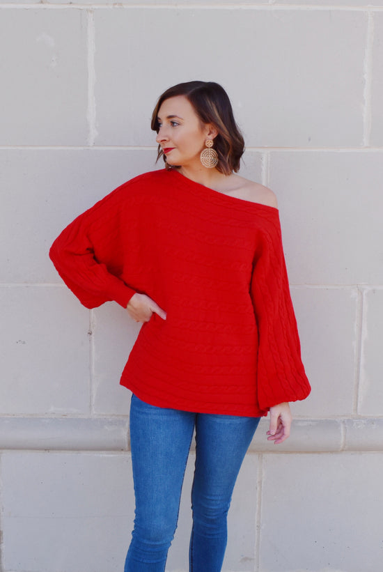 Red Cable Knit Detail Dolman Sweater