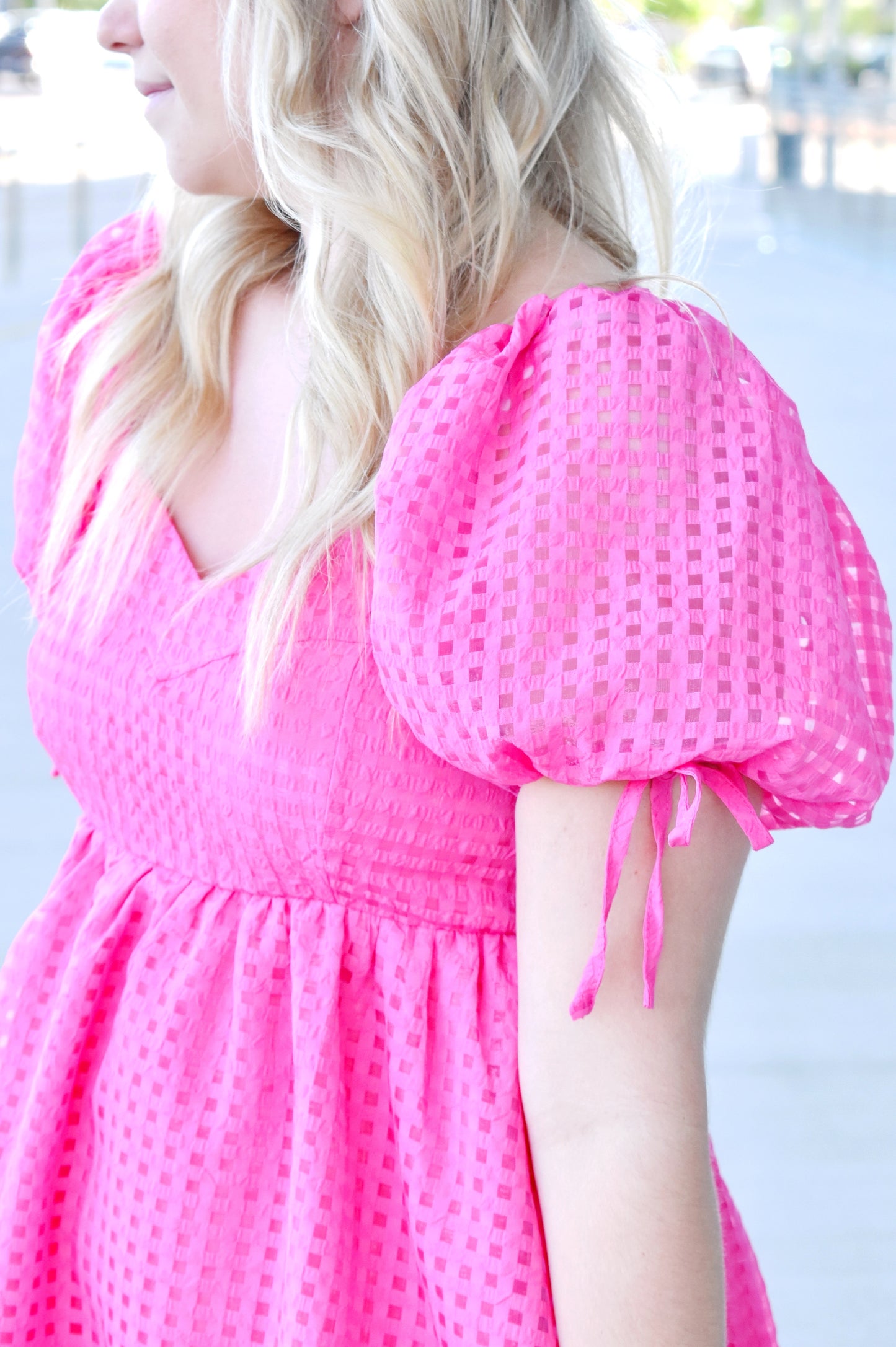 Load image into Gallery viewer, Hot Pink Grid Print Sweetheart Dress
