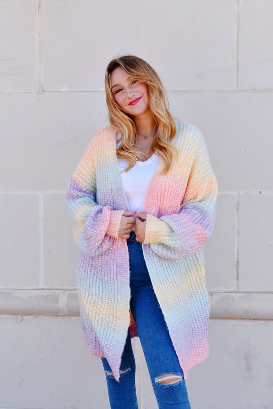 Load image into Gallery viewer, Pastel Rainbow Puff Sleeve Cardigan
