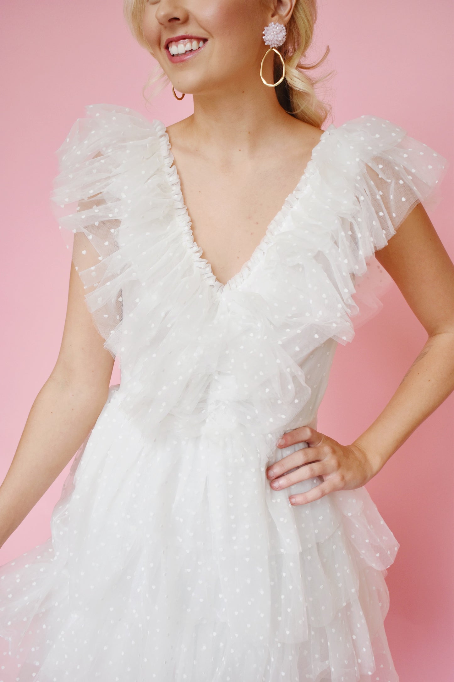 Load image into Gallery viewer, White Tulle Mini Heart Print Ruffle Dress
