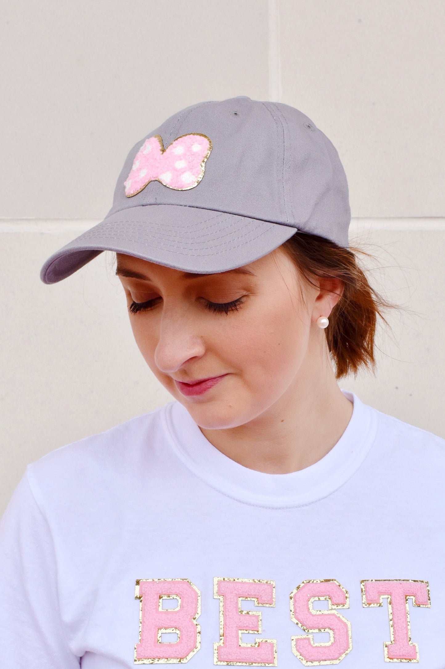 Load image into Gallery viewer, Grey Minnie Mouse Bow Patch Hat
