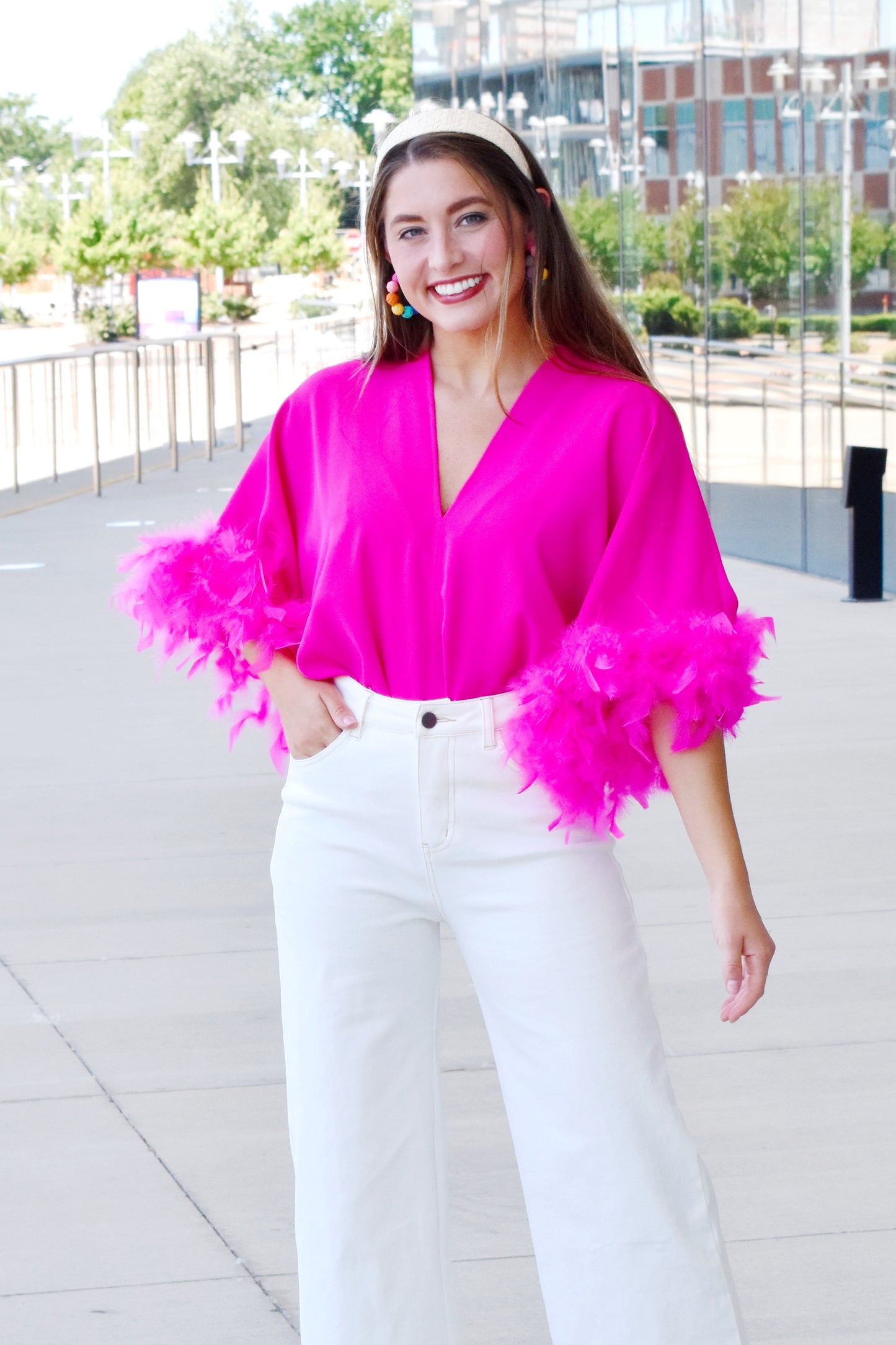 Load image into Gallery viewer, Hot Pink Feather Trim Bodysuit
