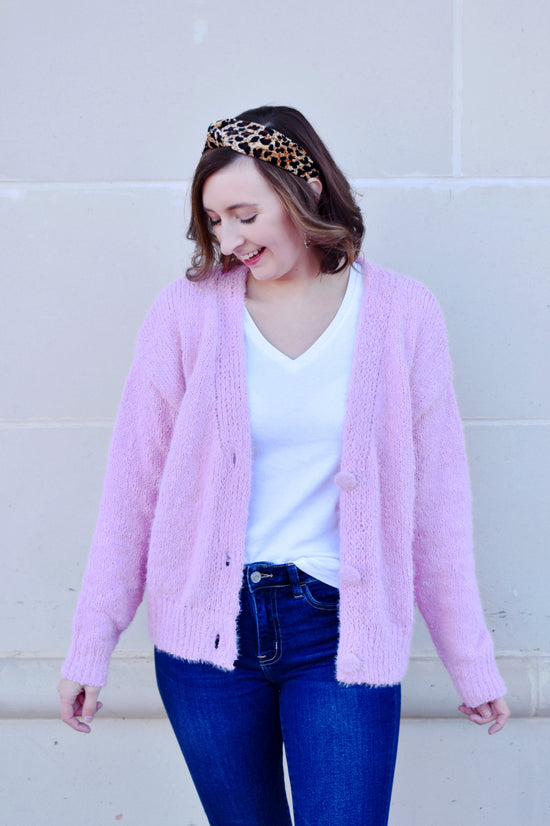 Pink Fuzzy Large Button Cardigan
