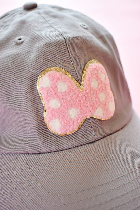 Load image into Gallery viewer, Grey Minnie Mouse Bow Patch Hat
