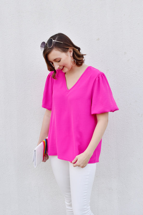 Load image into Gallery viewer, Hot Pink Bubble Sleeve Blouse
