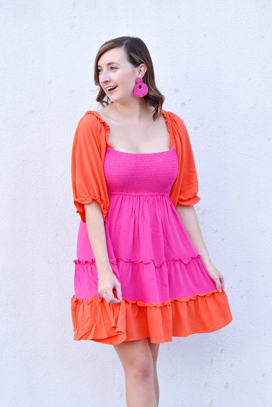 Load image into Gallery viewer, Pink &amp;amp; Orange Colorblock Tiered Dress
