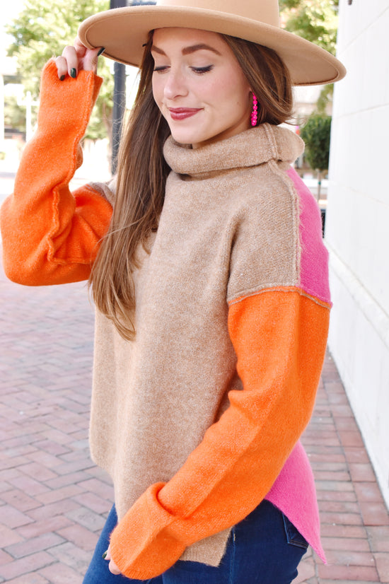 Load image into Gallery viewer, Pink &amp;amp; Orange Colorblock Turtleneck Sweater
