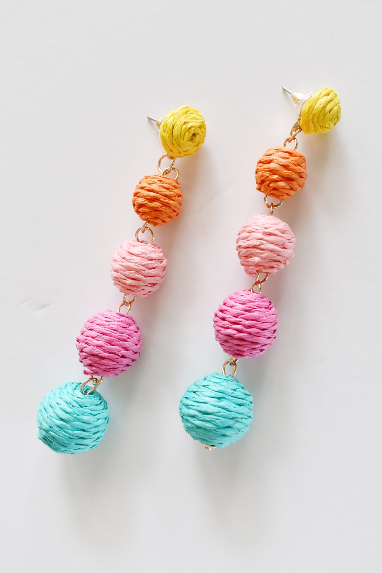 Multi Color Raffia Ball Drop Earrings