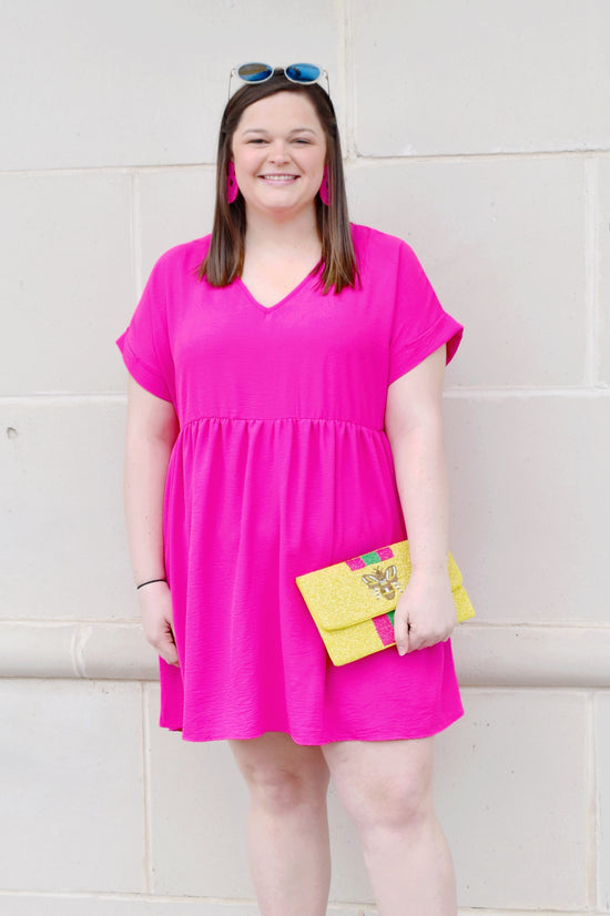 hot pink dress plus size Dresses | Nwt Ruffle Detail Hot Pink Dress With Puff Sleeves Curvy Midsize Petite