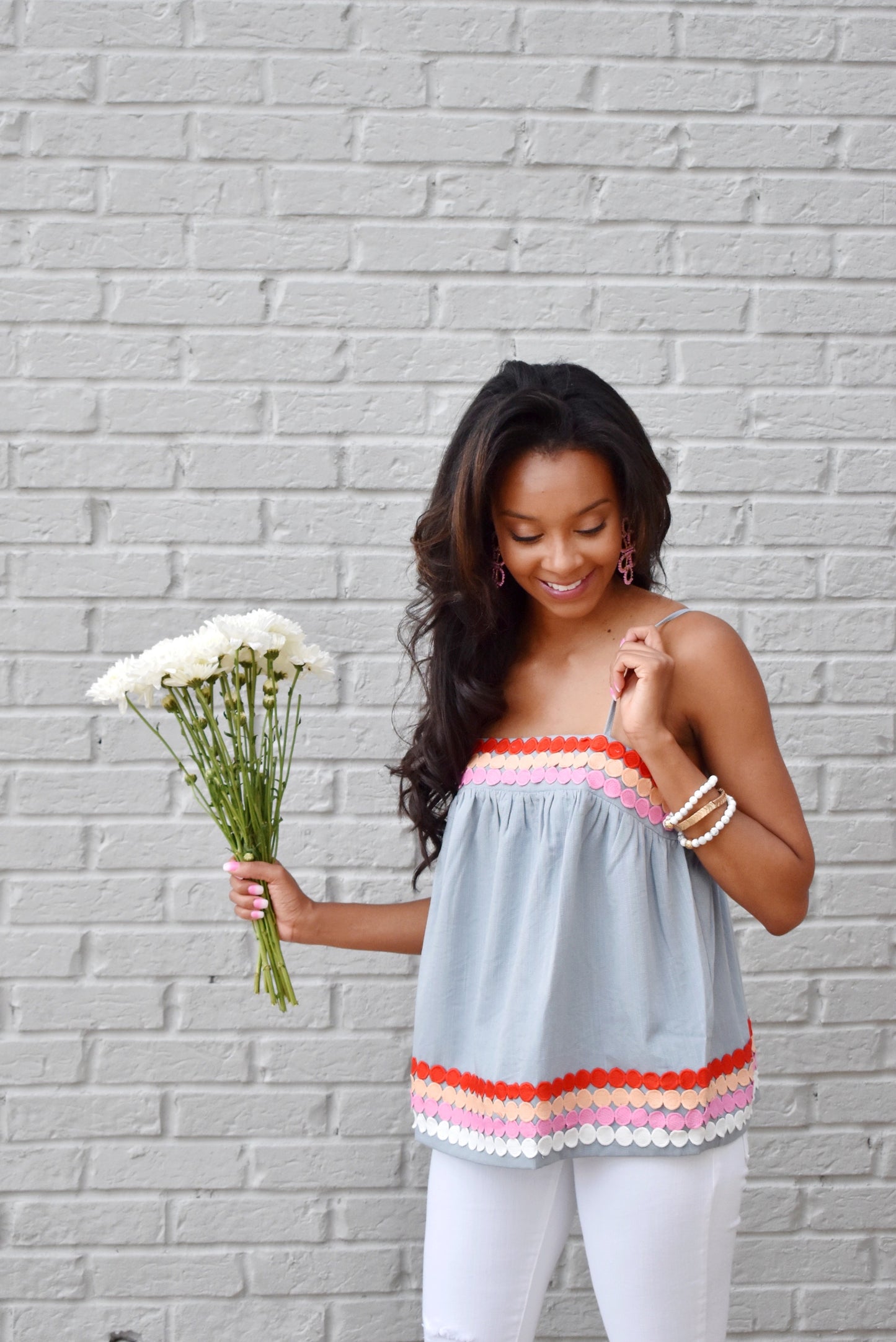 Chambray Dot Trim Embroidery Top