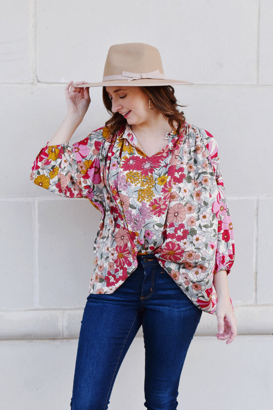 Load image into Gallery viewer, Retro Multicolor Floral Blouse
