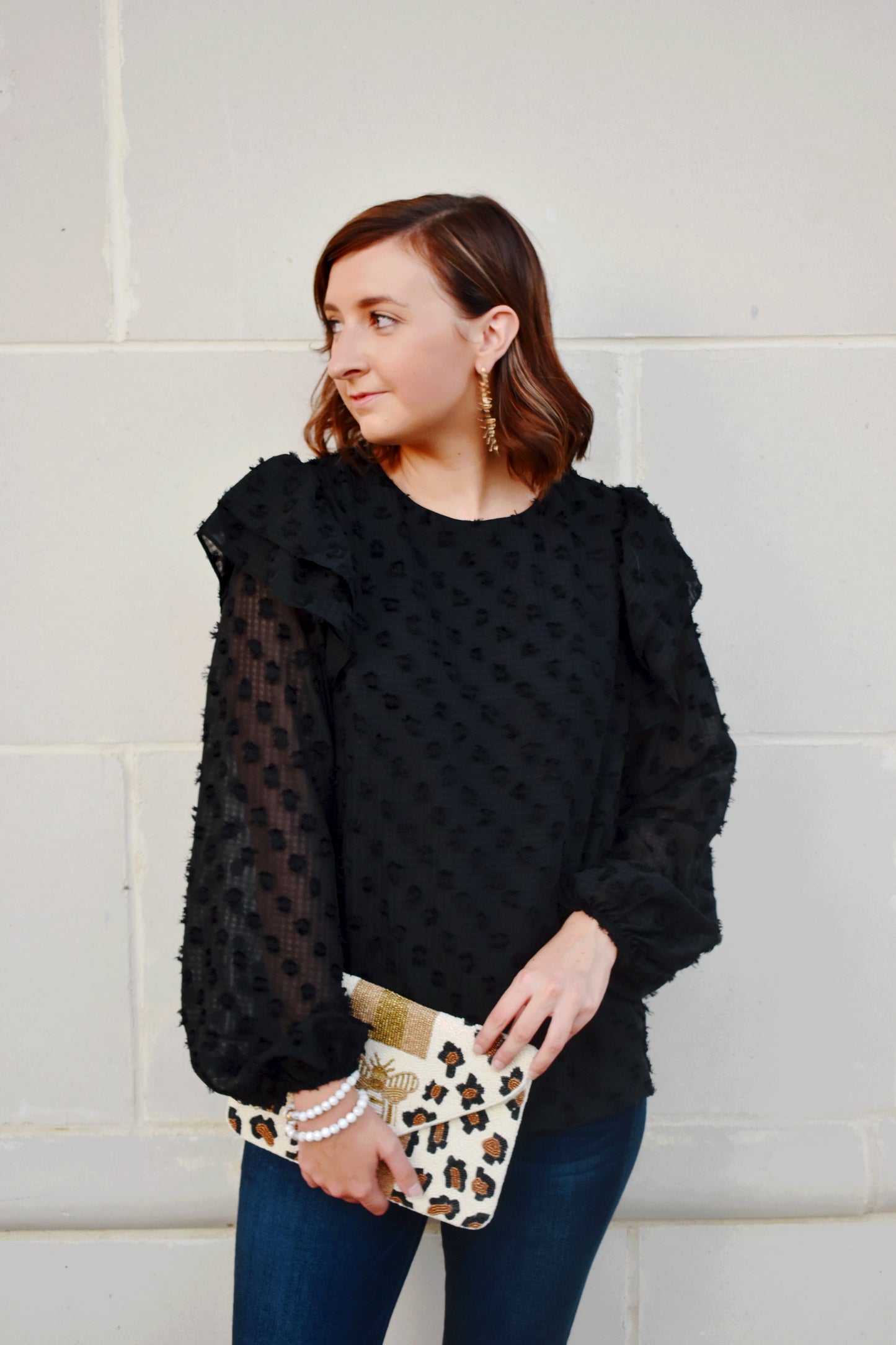 Black Ruffle Shoulder Dotted Blouse