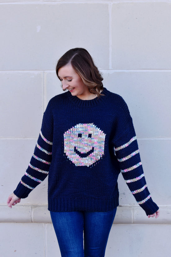 Navy Multi Color Smiley Face Sweater