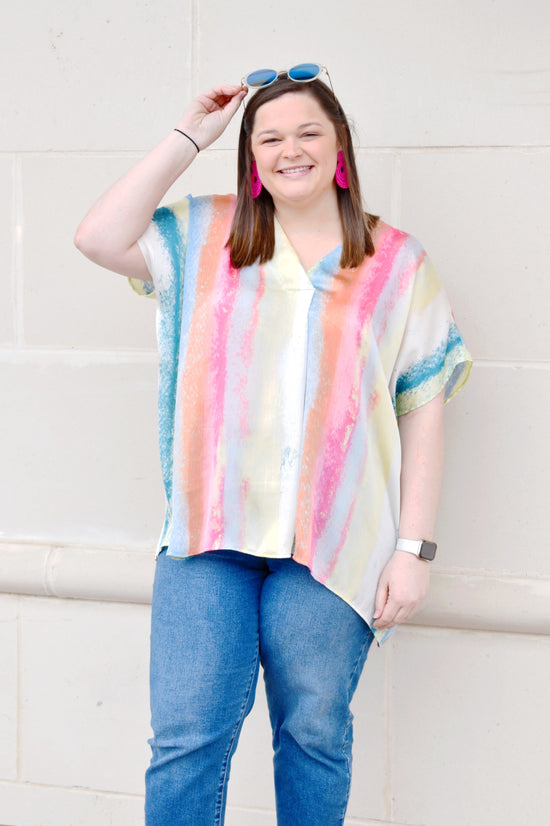 Load image into Gallery viewer, Plus Watercolor Rainbow Stripe V-Neck Top
