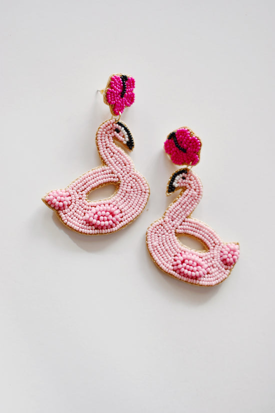 Load image into Gallery viewer, Pink Flamingo Float Beaded Earrings
