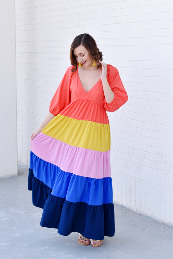 rainbow tiered maxi dress Rainbow Colorblock Tiered Maxi Dress – Confetti Boutique
