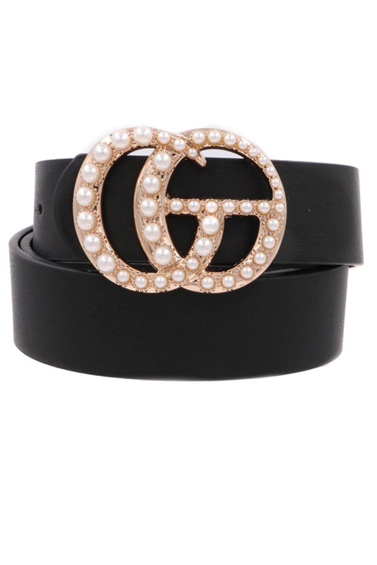 Pearl Double G Black Faux Leather Belt